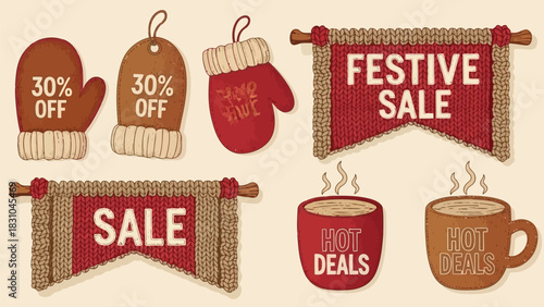 Vector illustration of collection of knitted winter sale and hot deal signs with mittens and steaming mugs