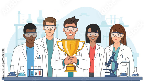 Scientists in lab coats holding a trophy
