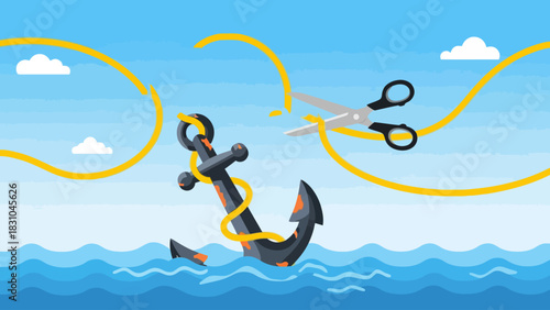 Scissors cutting a rope attached to an anchor in the ocean