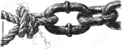 Black and white chain with rope and knot in handdrawn engraving style. Vintage vector illustration with detailed metal links.
