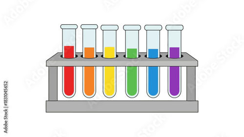 Six test tubes filled with colored liquids in a rack