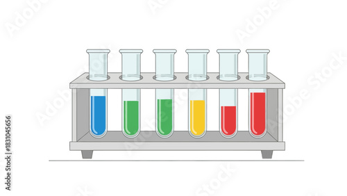 Six test tubes with colorful liquids in a rack