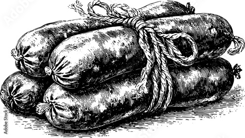 Engraved meat sausages bundled together. This vintage vector illustration features a detailed outline in a rustic style.