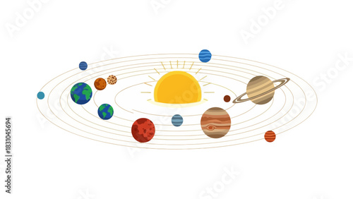 Solar system with sun and planets orbiting