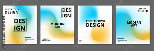 Set of four modern abstract square cover designs featuring vibrant blue and yellow gradient blurs with bold black typography for design and art promotion