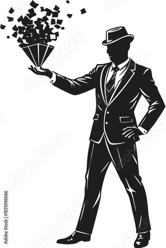 Silhouette of a stylish man in a suit and hat conjuring abstract shapes from his hand