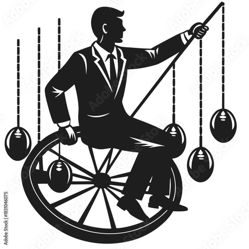 Businessman balancing on a unicycle while controlling pendulum balls with a stick