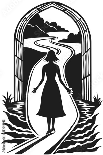 Silhouette of a woman standing at the entrance to a winding path leading to the sky