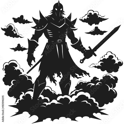 Dark silhouette of a powerful armored warrior holding a sword amidst swirling clouds