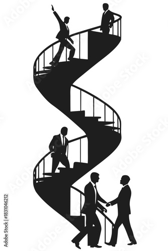Silhouettes of businessmen on a spiral staircase representing career progression and collaboration