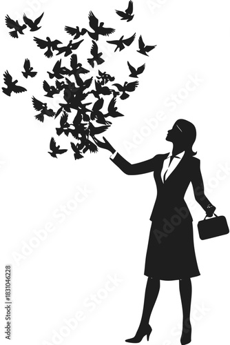 Silhouette of a businesswoman releasing a flock of birds into the sky