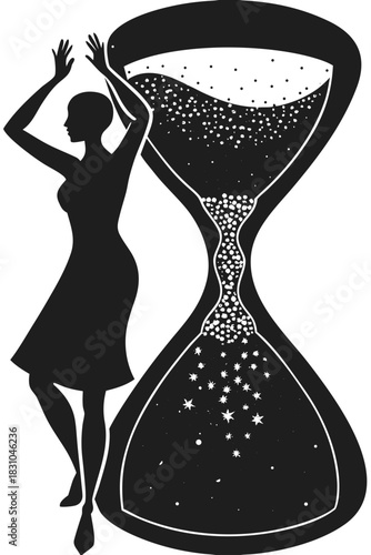 Silhouette of a woman dancing next to an hourglass with sand falling like stars