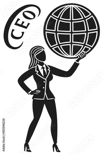 Female ceo holding globe symbolizing global business leadership and power