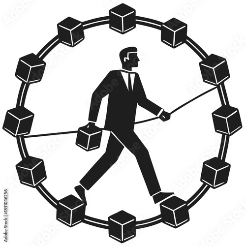 Businessman walking on a tightrope connected to a blockchain network of cubes