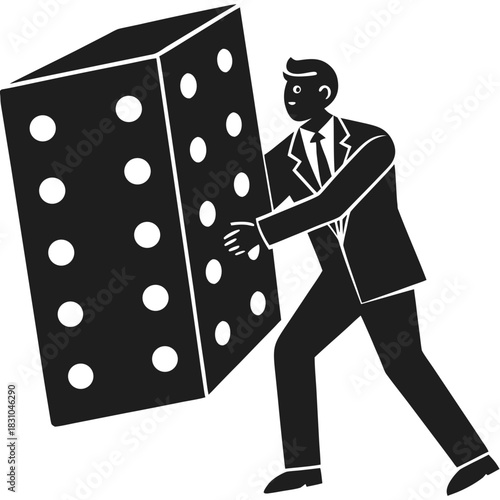 Businessman pushing a giant die representing risk and chance in business decisions