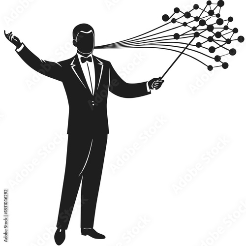 Man in suit conducting data network with baton and gesturing with hand