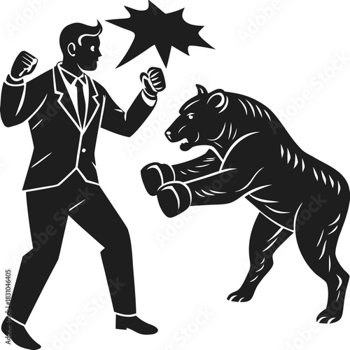 Businessman in suit fighting a bear in boxing gloves symbolizing market struggle