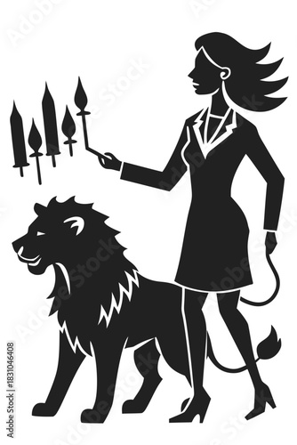 Businesswoman with lion and swords symbolizing strength and strategy