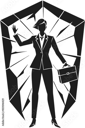 Silhouette of a confident businesswoman breaking through a shattered glass ceiling with a briefcase