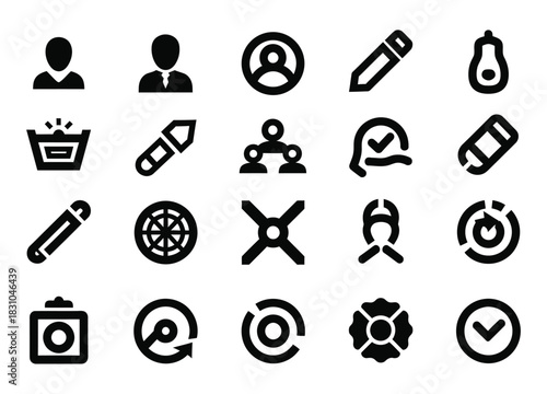Set of black solid user interface icon collection isolated on