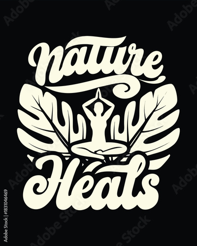 Woman meditates amidst monstera leaves, symbolizing Nature Heals against a dark black background