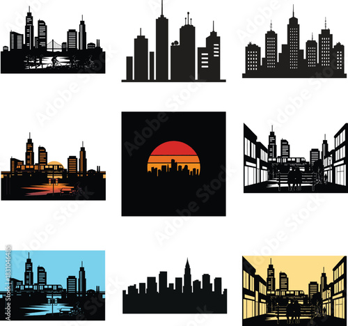 A collection of nine distinct city skyline silhouettes, showcasing various urban landscapes against colorful twilight skies and abstract backgrounds.