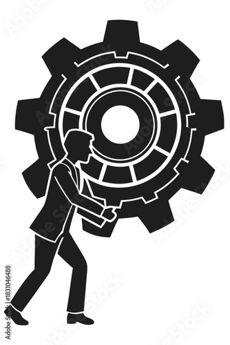 Businessman pushing a large gear symbolizing effort and teamwork in business operations
