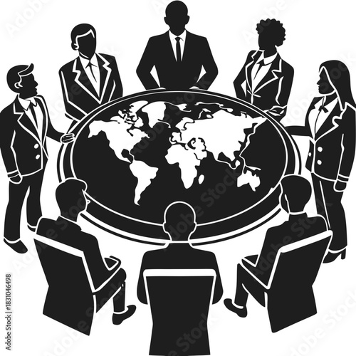 Diverse group of business people gathered around a table with a world map