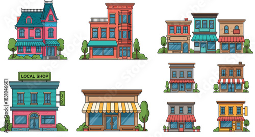 Charming urban buildings and small town storefront illustration set featuring colorful houses, local shops, cafes, and neighborhood street architecture design