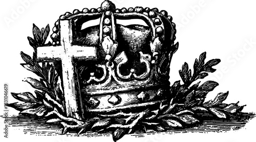 Christian cross and royal crown illustration. A black and white vintage vector set featuring floral embellishments and ornate details.