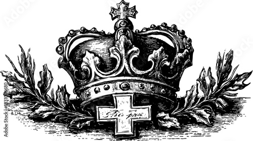 Christian cross integrated with a royal crown design. Vintage vector illustration featuring intricate floral elements in a detailed set.