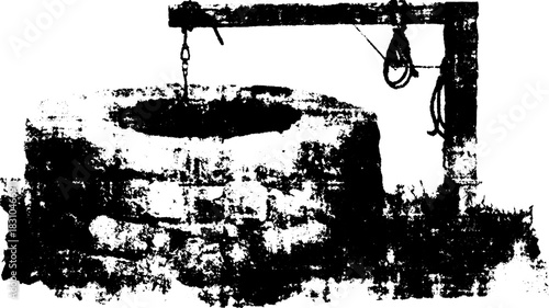 Antique well illustration with engraved outline and stippled texture. This black and white vector artwork depicts a historical rural scene.
