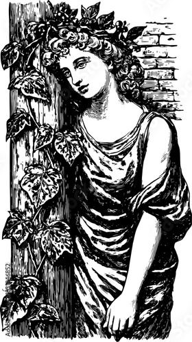 Classical garden statue of a woman in black and white illustration. This decorative artwork features vines and an elegant design in vector style.