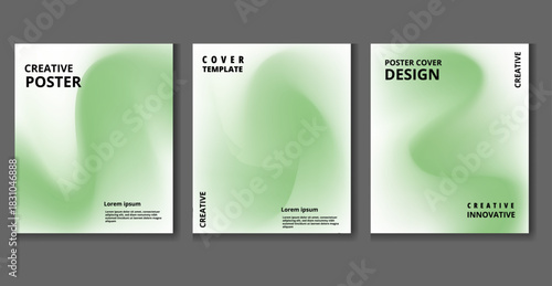 A set of three modern creative poster and cover design templates featuring abstract, soft, flowing gradient backgrounds in a pale, gentle shade of light green 
