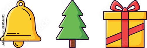  Christmas holiday icon set featuring jingle bell, pine tree, and wrapped gift box in colorful flat cartoon style for festive seasonal designs