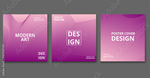 A set of three modern abstract poster cover designs featuring vibrant magenta and pink gradients with intricate dotted line patterns creating a sense of digital or glitch art style