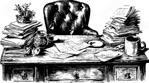 Cluttered office desk with papers, documents, and a cup. Vintage vector illustration featuring a chair and office essentials in a chaotic set.