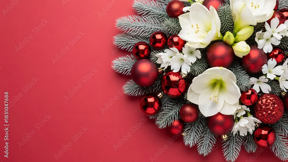 Naklejka premium Winter Florals and Baubles Cluster on Crimson Surface