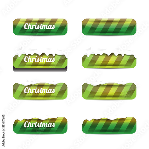 Christmas vector green glossy buttons set isolated on white background. Web green christmas sale buttons with snow, snow flakes, ice border. Winter button collection