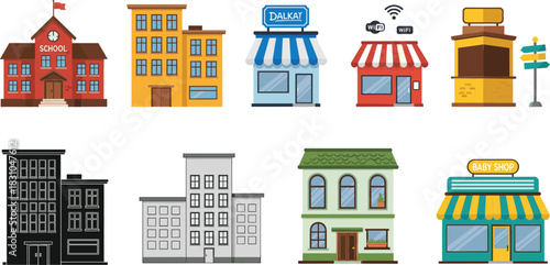 City buildings and storefront icons illustration set featuring school, apartments, shops, baby store, urban offices, and neighborhood architecture designs