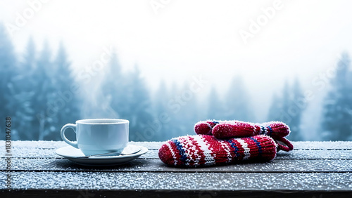 Steaming cup of coffee and warm mittens on a frosty wooden table with winter forest background