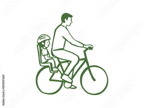 Father and child on bicycle doodle line art vector illustration