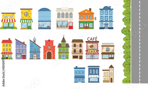 City buildings and storefront illustration set featuring shops, cafes, houses, apartments, and urban street elements with road and trees in flat vector style