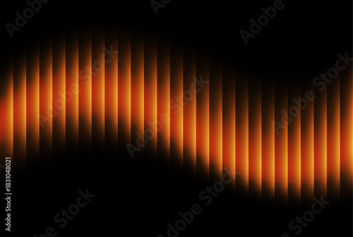 Abstract digital background featuring a dynamic, undulating wave pattern composed of vertical orange and yellow glowing light bars set against a stark black 