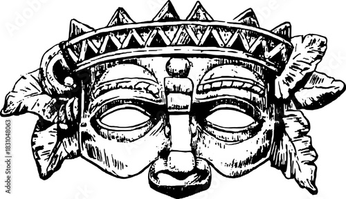 Vintage mask engraving in line drawing style. This outline showcases traditional cultural symbols in a vector illustration set.