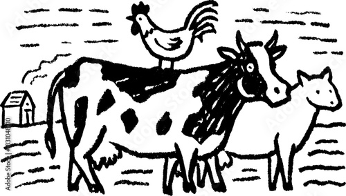 Farm animals: cow and chicken in a hand-drawn style. Simple black and white vector illustration of rural livestock set.