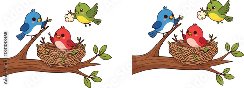 Birds feeding in nest, colorful birds on tree, nature wildlife illustration, parenting birds, spring forest scene, flying bird, worm delivery