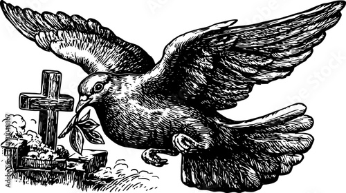 Dove in flight carrying a branch above a grave marked by a cross. Vintage black and white vector illustration in detailed line art style.