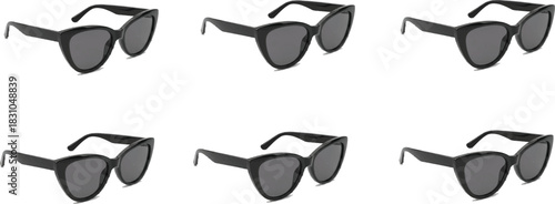 Black sunglasses, thick frame, dark lenses, fashion accessory, stylish eyewear, product display, retail catalog, modern design, identical pairs, commercial use