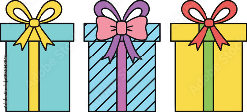 Colorful wrapped gift box set illustration featuring ribbon bows, festive present packaging, celebration elements, and holiday birthday surprise design